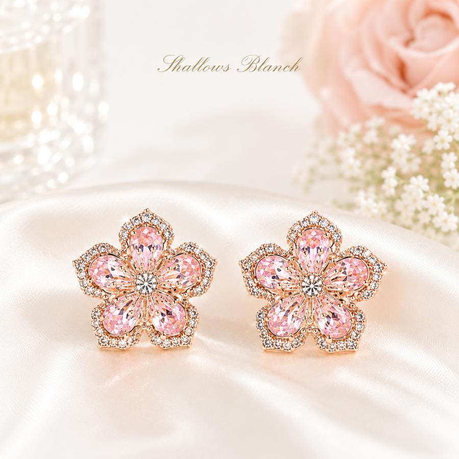 ピアス レディース 花 大ぶり CZ キラキラ カラフル ピンク 上品 韓国