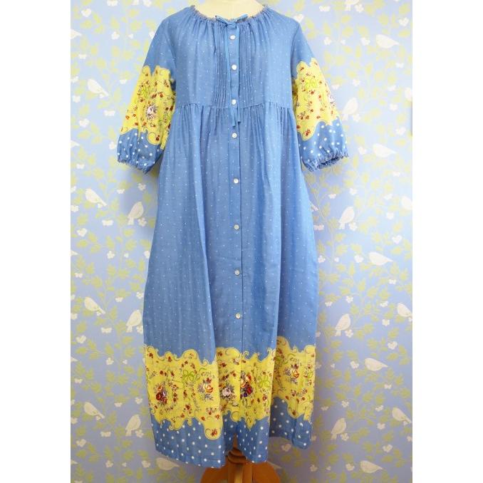 Ikukoイクコ ダブルガーゼ ツートーン花柄 7分袖 全開ネグリジェ ワンピース ブルー Ikuko An2gf Bl Thecharlienoble Com