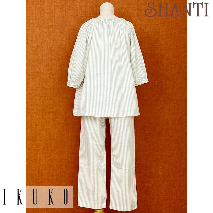 IKUKOイクコ ダブルガーゼ ストライププリント ブルー 6分袖全開