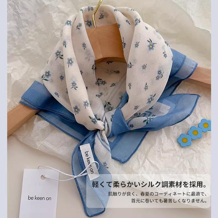 スカーフ レディース ブルー系 綿混紡 58×58cm 正方形 バッグ 春物 春コーデ 夏用 花柄 さくら 可愛い 日焼対策 冷房 柔らか さらっと 小顔 母の日 プレゼント |  | 18