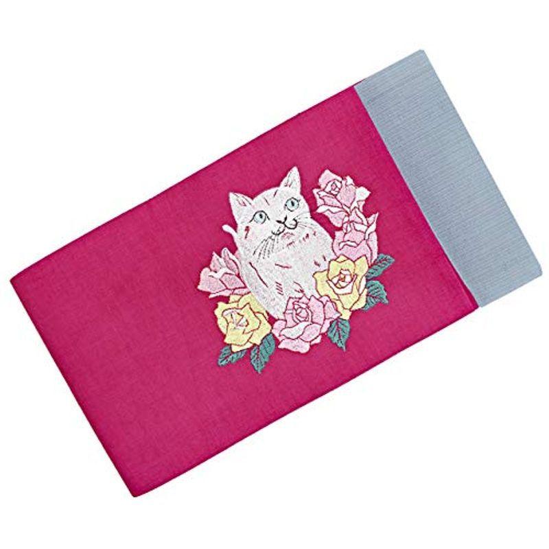 半幅帯 レディース 花猫 薔薇 刺しゅう 赤 水色 ピンク リバーシブル N0125 (ピンク(0125c))