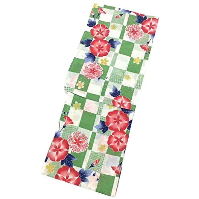 FaceGirl女物浴衣 仕立上がり 白 緑 市松 朝顔 180612-2