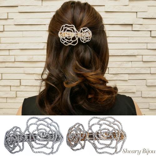 バレッタ 結婚式 二連 ローズ 花 バラ パーティ キラキラ ヘアアレンジ 金具 華やか フェミニン 上品