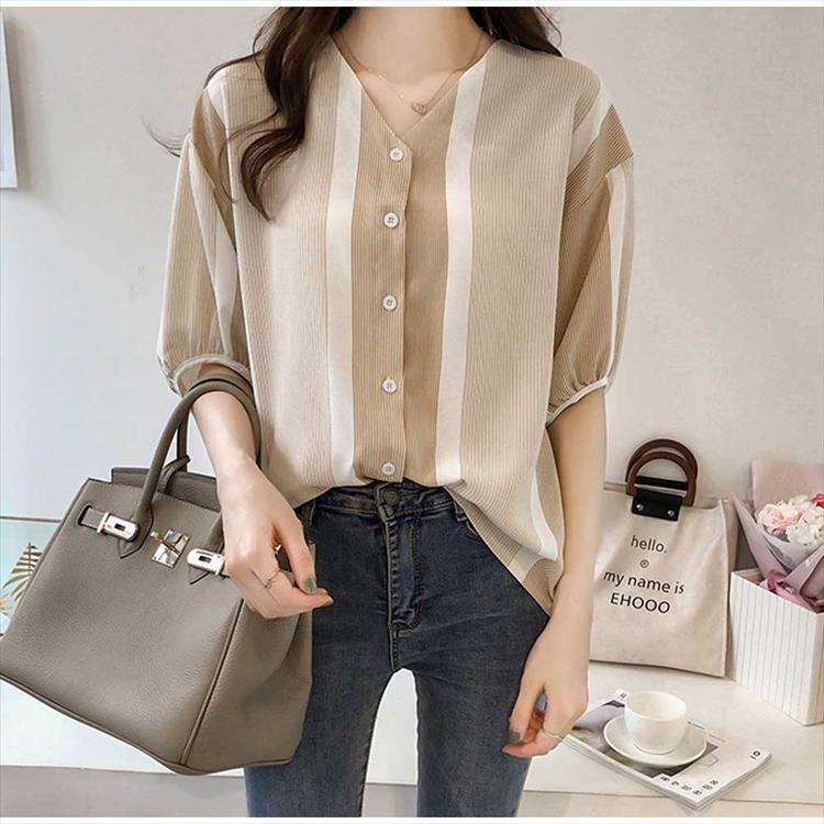 ブラウス レディース 半袖 5分袖 ストライプ シャツ トップス Vネック シャツ Mサイズ 黒 ベージュ ピンク 6panf 005 Sheil 通販 Yahoo ショッピング