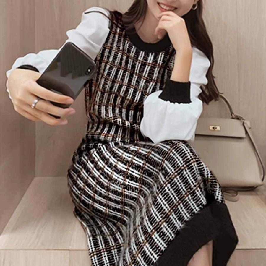 ニットワンピース パフスリーブ レディース女性 ニット 長袖 ニットワンピ ワンピ 切り替えし レイヤード風 チェック柄 驚きの値段