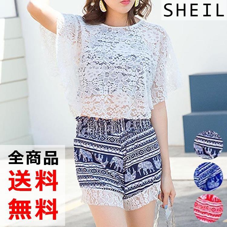 水着セット 水着 レディース タンキニ ショートパンツ エスニック レーストップス 4点セット 夏 青 赤 体系カバー Ds 002 Sheil 通販 Yahoo ショッピング