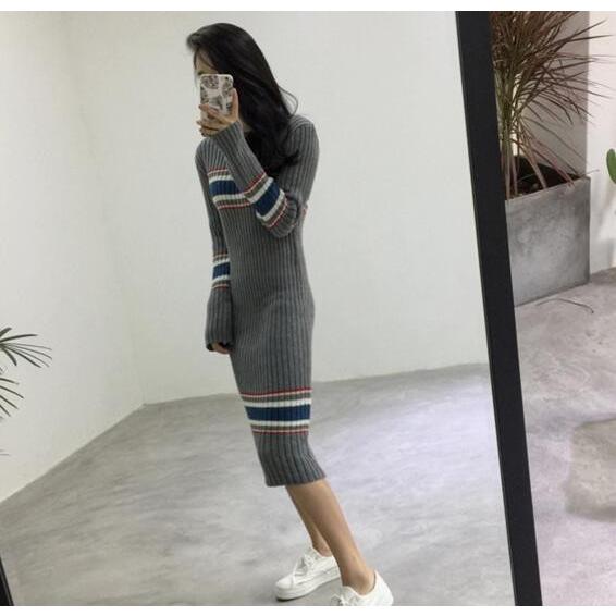 ニットワンピース タイト レディース マキシ丈 ボーダー グレー 長袖 V K136 5 Sheil 通販 Yahoo ショッピング