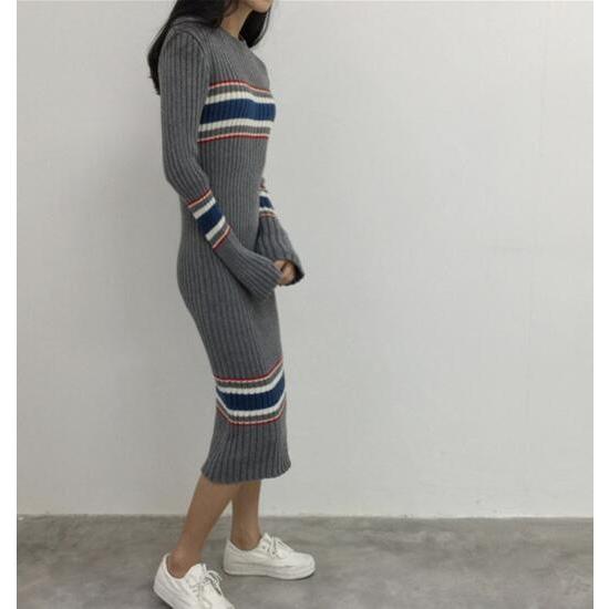ニットワンピース タイト レディース マキシ丈 ボーダー グレー 長袖 V K136 5 Sheil 通販 Yahoo ショッピング