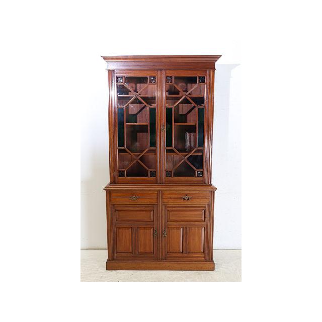 cb-11　1890年代イギリス製アンティーク　ソリッドオーク　無垢材　色ガラス　カップボード　大型　食器棚　キッチン収納家具 | 