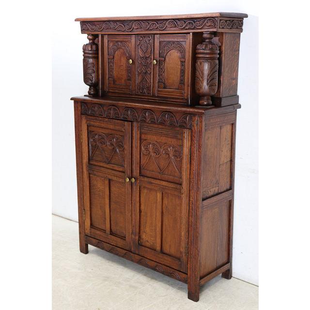 cb-7　1860年代イギリス製アンティーク アーリービクトリアン 無垢 オーク材 コートカップボード 食器棚 彫刻された 収納家具 手彫り |  | 02