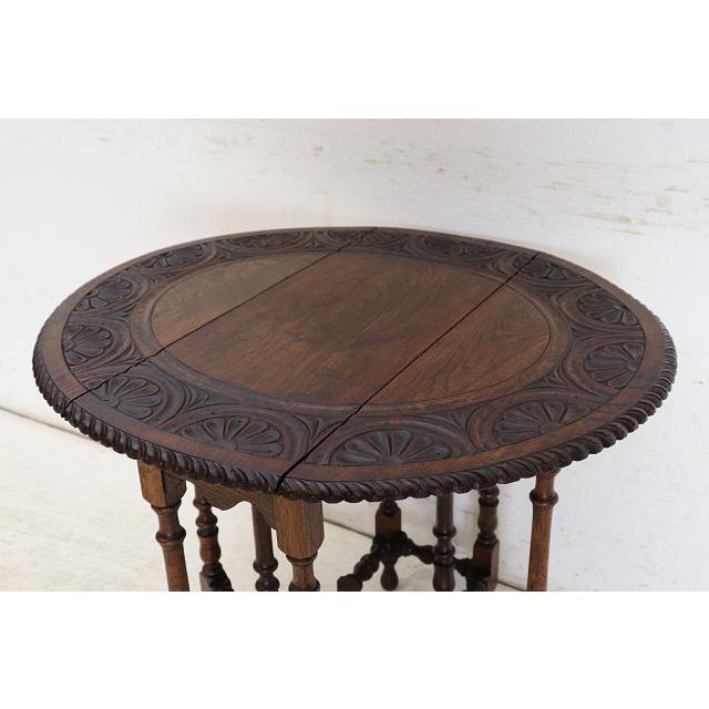 cd-23　1920年代イギリス製アンティーク オーク バタフライサイドテーブル ティーテーブル ゲイトレッグ バタフライ 伸長式 彫刻 送料無料 |  | 13