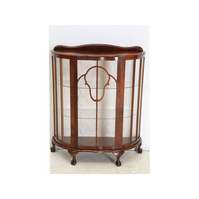 ce-2　1960年代イギリス製アンティーク ウォルナット ボウルクロウフット ハーフムーン ガラスキャビネット 飾り棚 ショーケース ディスプレイ | 