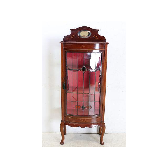 ce-27　1890年代イギリス製アンティーク　ビクトリアン　マホガニー　ステンドグラス　ミラーバック　ディスプレイキャビネット　飾り棚　ショウケース | 