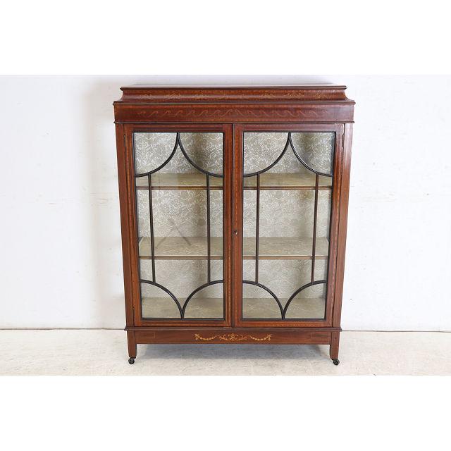 ce-32　1910年代イギリス製アンティーク エドワーディアン マホガニー ディスプレイキャビネット 象嵌細工 飾り棚 ショーケース 店舗什器 送料無料 | 