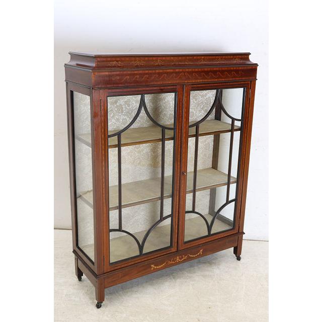 ce-32　1910年代イギリス製アンティーク エドワーディアン マホガニー ディスプレイキャビネット 象嵌細工 飾り棚 ショーケース 店舗什器 送料無料 |  | 18