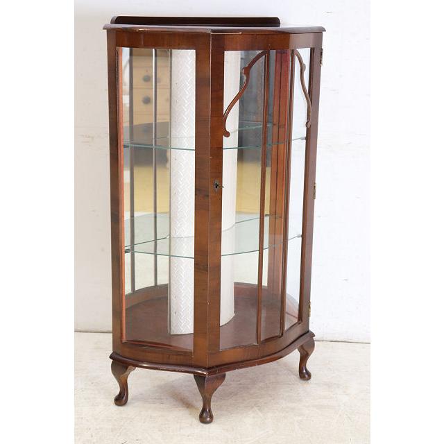 ce-41　1960年代イギリス製ヴィンテージ ウォルナット ミラーバック スモール ハーフムーン ガラスキャビネット 小型 飾り棚 ショーケース 送料無料 |  | 18