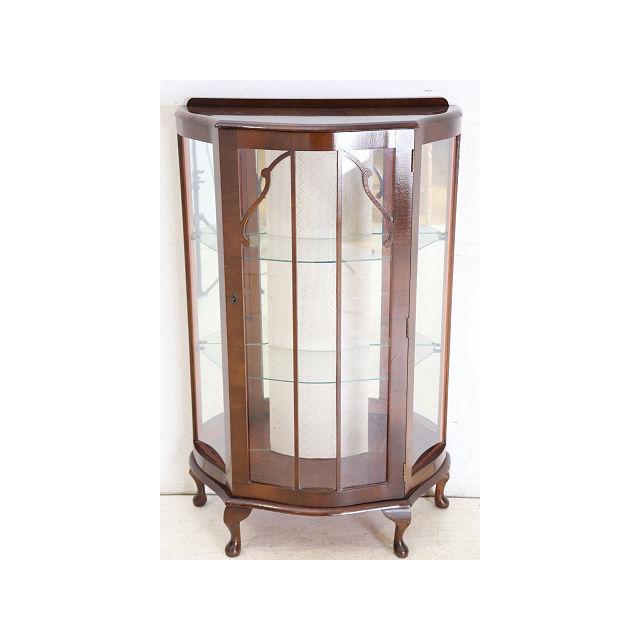 ce-41　1960年代イギリス製ヴィンテージ ウォルナット ミラーバック スモール ハーフムーン ガラスキャビネット 小型 飾り棚 ショーケース 送料無料 |  | 01