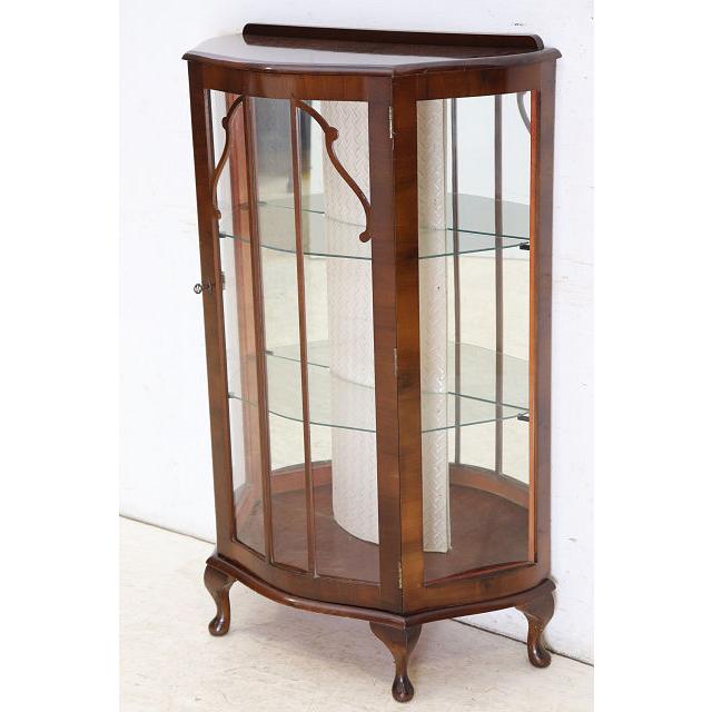 ce-41　1960年代イギリス製ヴィンテージ ウォルナット ミラーバック スモール ハーフムーン ガラスキャビネット 小型 飾り棚 ショーケース 送料無料 |  | 02
