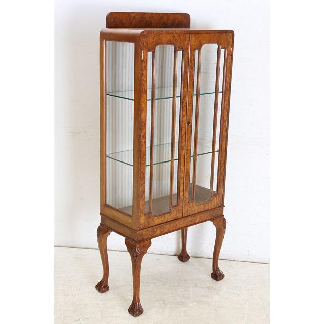 ce-47　1930年代イギリス製アンティーク ウォルナット カブリオーレ ガラスキャビネット 中型 飾り棚 ショーケース 送料無料 |  | 18