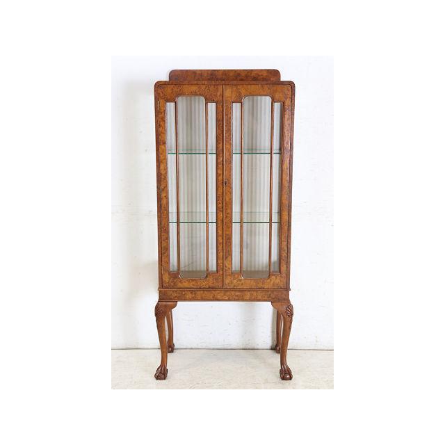 ce-47　1930年代イギリス製アンティーク ウォルナット カブリオーレ ガラスキャビネット 中型 飾り棚 ショーケース 送料無料 |  | 01