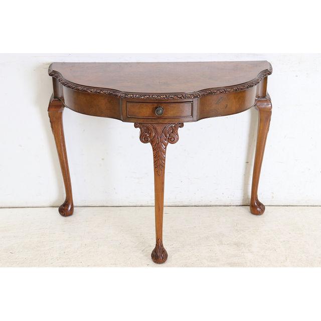 cl-4　1960年代イギリス製ビンテージ ウォルナット ビクトリアン様式 引き出し付き 大型 コンソールテーブル ホールテーブル サイドテーブル 半円 送料無料 |  | 01