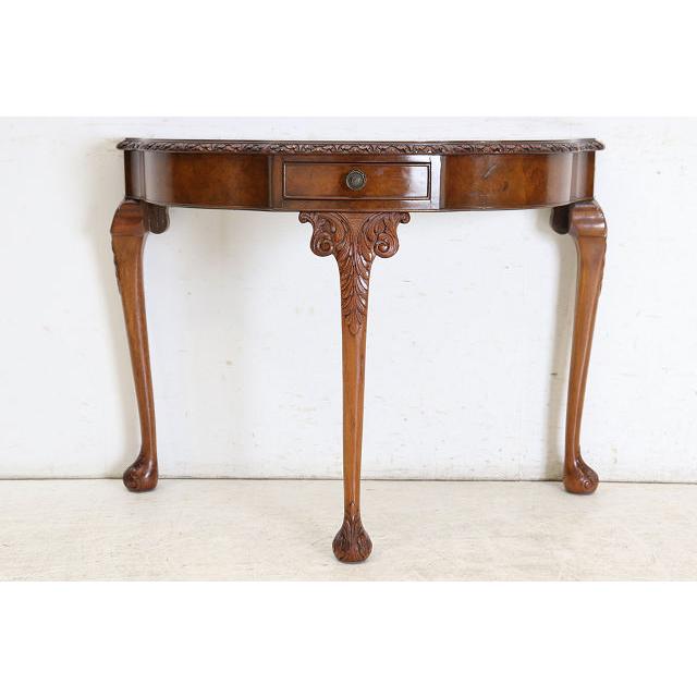 cl-4　1960年代イギリス製ビンテージ ウォルナット ビクトリアン様式 引き出し付き 大型 コンソールテーブル ホールテーブル サイドテーブル 半円 送料無料 |  | 05