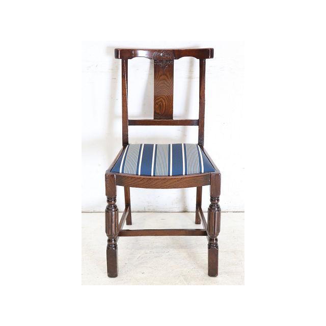 dn-12　1940年代イギリス製アンティーク ソリッドオーク 無垢材 お花のデザインの彫刻 ダイニングチェア 椅子 いす イス ブルーのストライプ | 