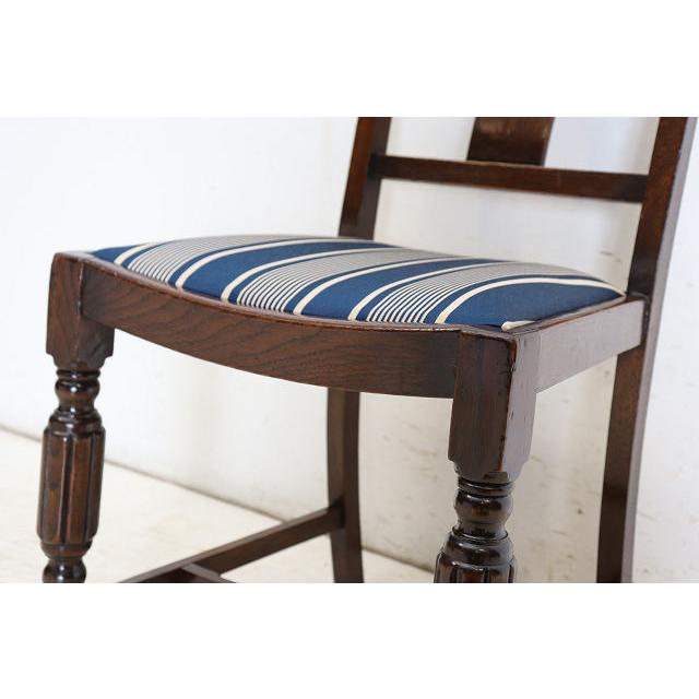 dn-12　1940年代イギリス製アンティーク ソリッドオーク 無垢材 お花のデザインの彫刻 ダイニングチェア 椅子 いす イス ブルーのストライプ |  | 15