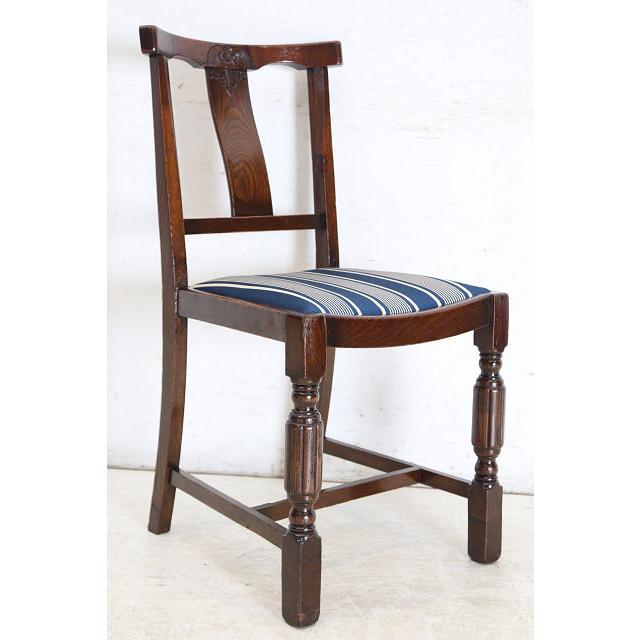 dn-12　1940年代イギリス製アンティーク ソリッドオーク 無垢材 お花のデザインの彫刻 ダイニングチェア 椅子 いす イス ブルーのストライプ |  | 18