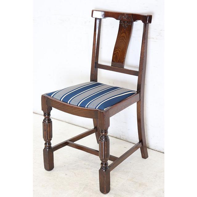 dn-12　1940年代イギリス製アンティーク ソリッドオーク 無垢材 お花のデザインの彫刻 ダイニングチェア 椅子 いす イス ブルーのストライプ |  | 02