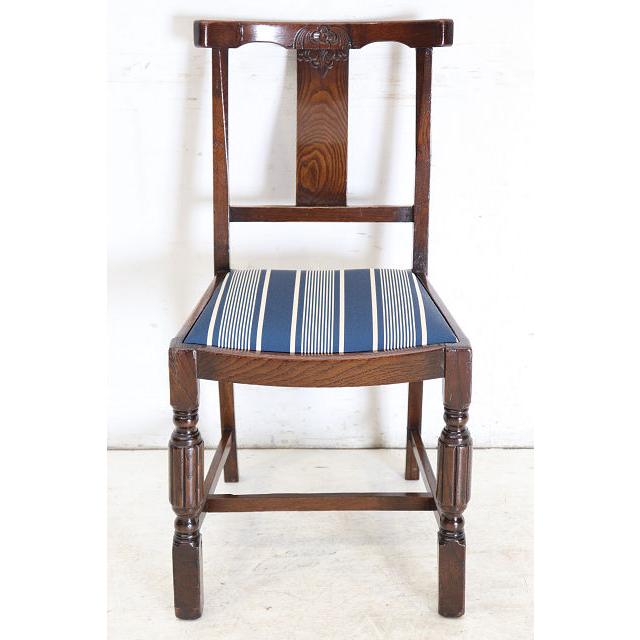 dn-12　1940年代イギリス製アンティーク ソリッドオーク 無垢材 お花のデザインの彫刻 ダイニングチェア 椅子 いす イス ブルーのストライプ |  | 03