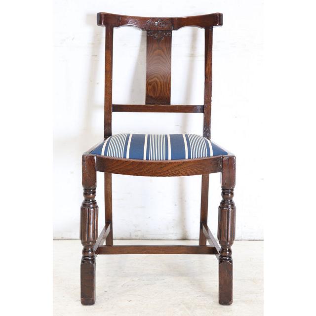 dn-12　1940年代イギリス製アンティーク ソリッドオーク 無垢材 お花のデザインの彫刻 ダイニングチェア 椅子 いす イス ブルーのストライプ |  | 05