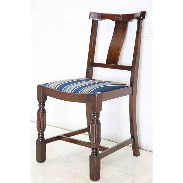 dn-12　1940年代イギリス製アンティーク ソリッドオーク 無垢材 お花のデザインの彫刻 ダイニングチェア 椅子 いす イス ブルーのストライプ |  | 06