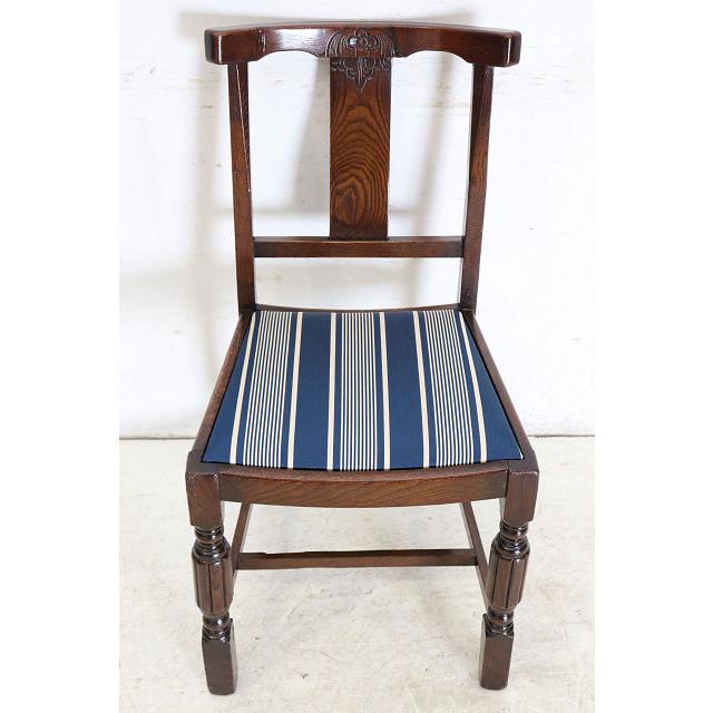 dn-12　1940年代イギリス製アンティーク ソリッドオーク 無垢材 お花のデザインの彫刻 ダイニングチェア 椅子 いす イス ブルーのストライプ |  | 07