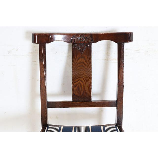 dn-12　1940年代イギリス製アンティーク ソリッドオーク 無垢材 お花のデザインの彫刻 ダイニングチェア 椅子 いす イス ブルーのストライプ |  | 08