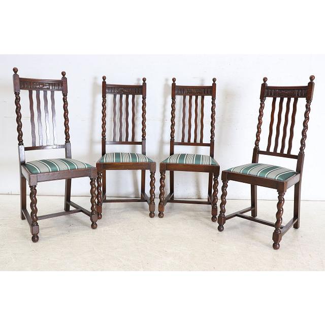 dn-32　1930年代イギリス製アンティーク オーク シュガーバリーツイスト ダイニングチェア 4脚セット 食卓椅子 いす イス 送料無料 |  | 02