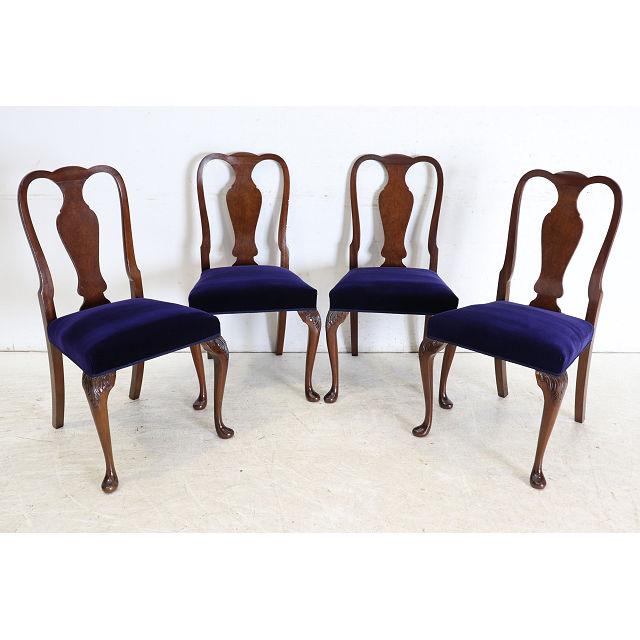 dn-39　1960年代イギリス製ビンテージ ウォルナット クイーンアンスタイル ダイニングチェア 4脚セット イス 椅子 いす セット販売チェア パープル |  | 01