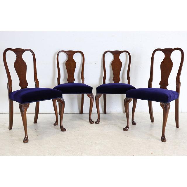 dn-39　1960年代イギリス製ビンテージ ウォルナット クイーンアンスタイル ダイニングチェア 4脚セット イス 椅子 いす セット販売チェア パープル |  | 02