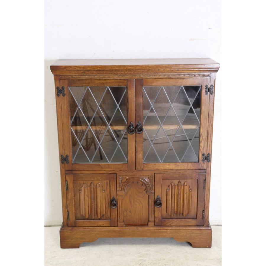 英国製 1970年代 Jaycee Furniture 無垢オーク材 リードガラス ブックケース 本棚 書棚 キャビネット 飾り棚 アンティーク家具 (G-44) | 