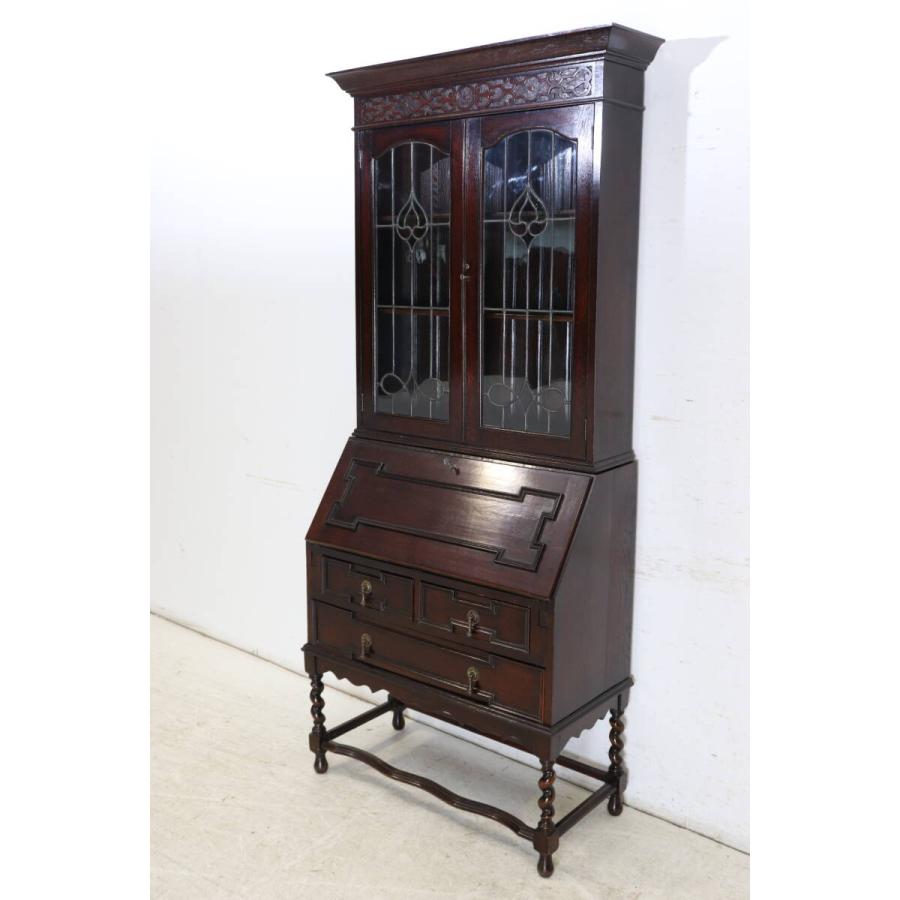 【希少・美品】1920年代 英国アンティーク オーク ゴシック様式 ビューローブックケース ステンドグラス ライティングデスク 本棚 (md-21) |  | 02