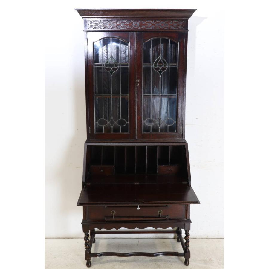 【希少・美品】1920年代 英国アンティーク オーク ゴシック様式 ビューローブックケース ステンドグラス ライティングデスク 本棚 (md-21) |  | 03