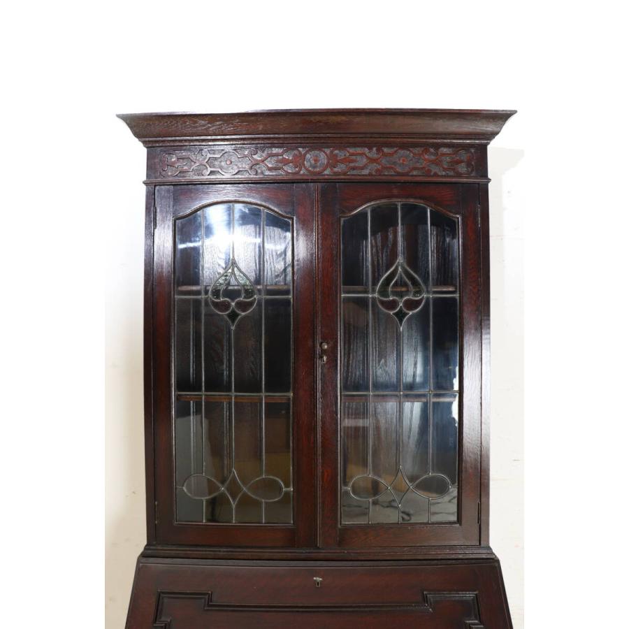 【希少・美品】1920年代 英国アンティーク オーク ゴシック様式 ビューローブックケース ステンドグラス ライティングデスク 本棚 (md-21) |  | 06