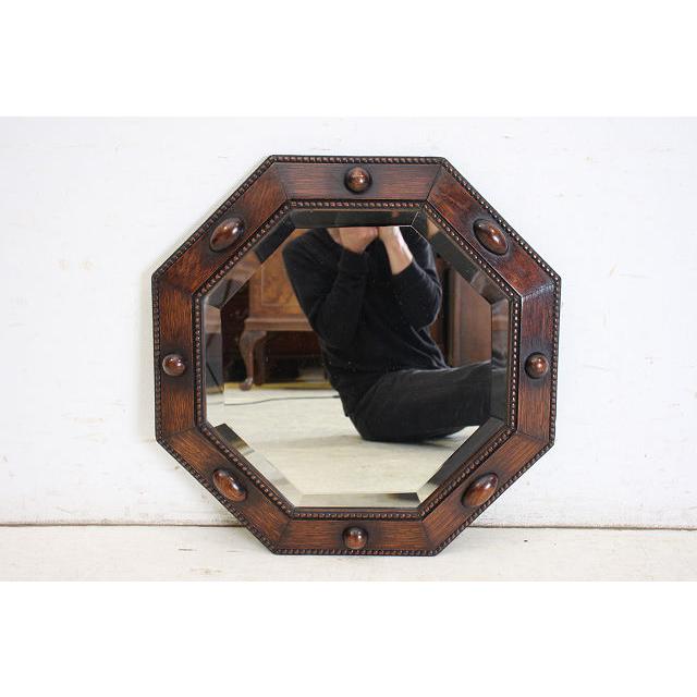 mr-9　1930年代イギリス製アンティーク　オーク　八角　彫刻　壁掛け鏡　ウォールミラー　 | 