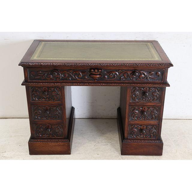 nd-8　1890年代イギリス製アンティーク ビクトリアン オーク レザートップ ニーホールデスク 彫刻された 両袖机 書斎用机 送料無料 |  | 01