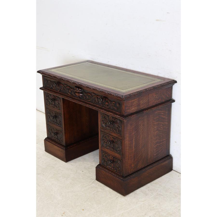 nd-8　1890年代イギリス製アンティーク ビクトリアン オーク レザートップ ニーホールデスク 彫刻された 両袖机 書斎用机 送料無料 |  | 04
