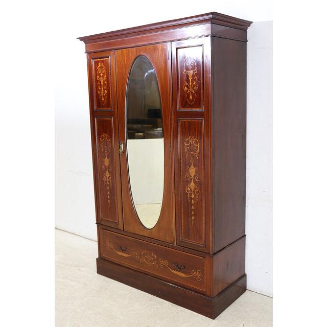 wr-5　1910年代イギリス製アンティーク エドワーディアン マホガニー ミラー付き 象嵌細工 ワードローブ 衣装タンス クローゼット 衣類収納 送料無料 |  | 02