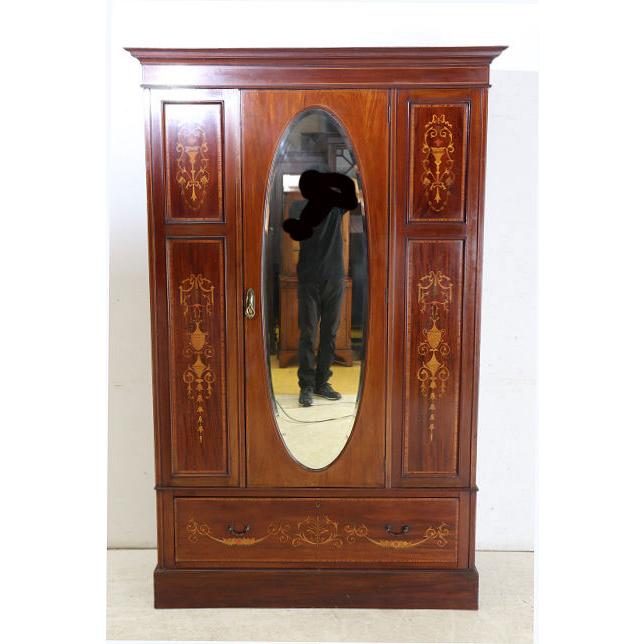 wr-5　1910年代イギリス製アンティーク エドワーディアン マホガニー ミラー付き 象嵌細工 ワードローブ 衣装タンス クローゼット 衣類収納 送料無料 |  | 03
