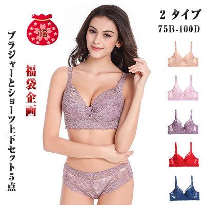 送料無料 22福袋 レディース福袋 ブラとショーツの上下セット５点 エレガント可愛いレース ４段４列ホック ノンワイヤー ２種類 正規店