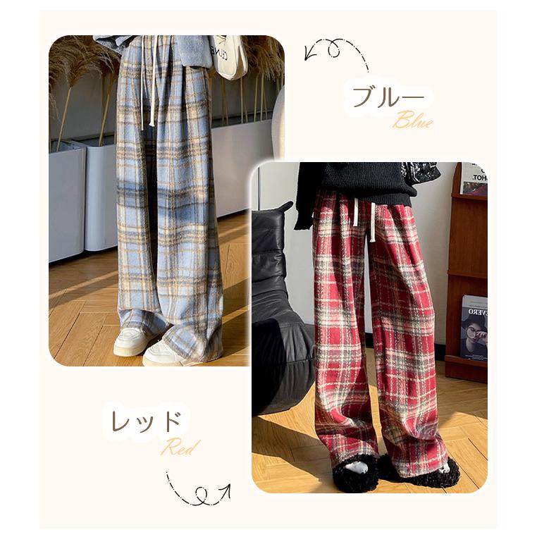 裏起毛 ワイドパンツ チェック柄パンツ レディース 秋 冬 ボトムス