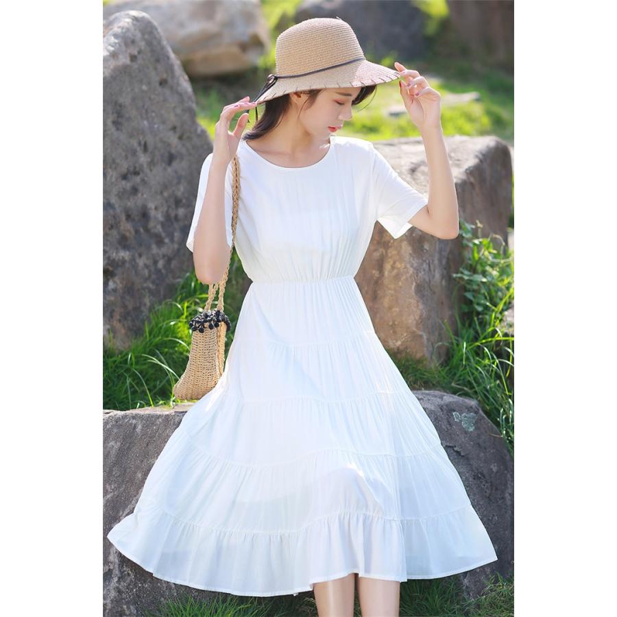 白ワンピース 白 カジュアル ワンピース 夏 森ガール 無地ワンピース 半袖 フレア 韓国 膝丈 送料無料 G Shiawase Clothes 通販 Yahoo ショッピング